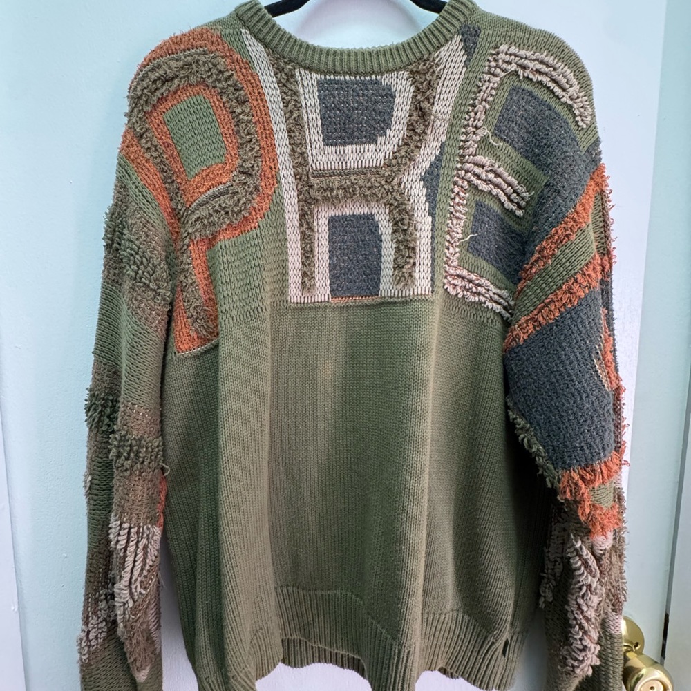 Supreme Chenille Logo Sweater 21AW Crewneck Knit Olive Khaki Green Size Med